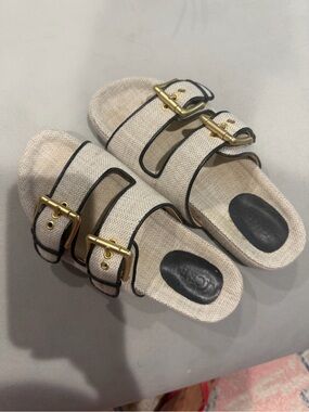 J. Crew Cream Linen Double-Buckle Slide Sandals with Black Trim